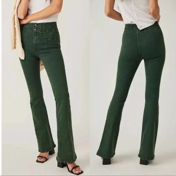 We The Free People Jayde Cord High Rise Huntress Green Corduroy Pants Sz 31 NWT - Picture 1 of 10